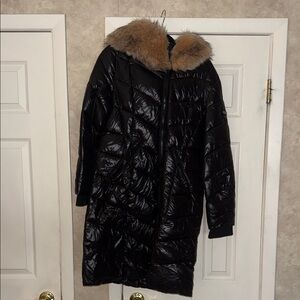 Bernardo Shiny Black Puffer with Tan Fur Trim